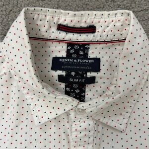 Men’s Denim & Flower short sleeve button down shirt white blue red dots Sz Med